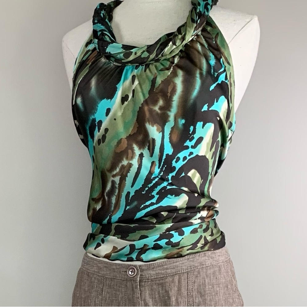 Abstract Brown Turquoise Animal Print Halter Top Dress Barn Blouse Size S